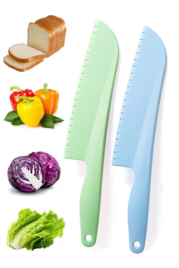 2pcs Lettuce Knife Cutter Set 11 Inch Professional Kitchen Cooking Plastic Serrated Knife for Veggies Salad Fruit Cake Bread And More Plastic Lettuce Knifes to Prevent Browning(Blue, Green