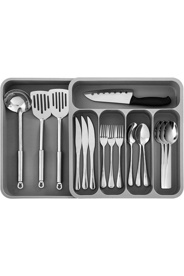 Expandable Cutlery Drawer Organiser, 6 Compartment Adjustable Utensil Tray for Kitchen Drawers, Grey