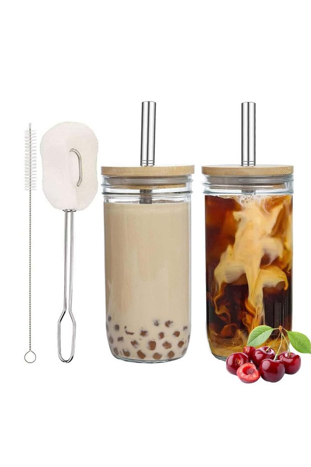 2-Pack 24 oz Reusable Boba Cups with Wood Lids and Straws - Wide Mouth Jar Smoothie Cups for Bubble Tea and Iced Coffee