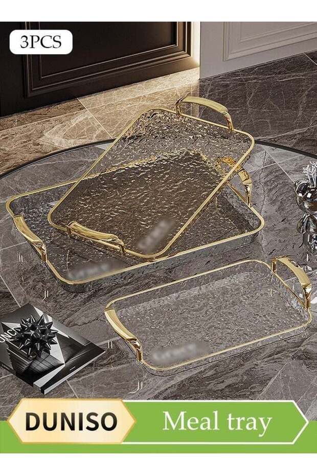 Three-Piece Wave Transparent Gold-Rimmed Tray Set, With Handles, Can Be Used For Coffee Tables, Des