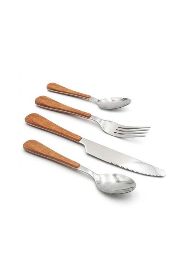 BERAM Silver Blended Wooden Cutlery Set – 4‑Piece Stainless Steel with Wood Handles – Elegant Dining Utensils for Home & Daily Use