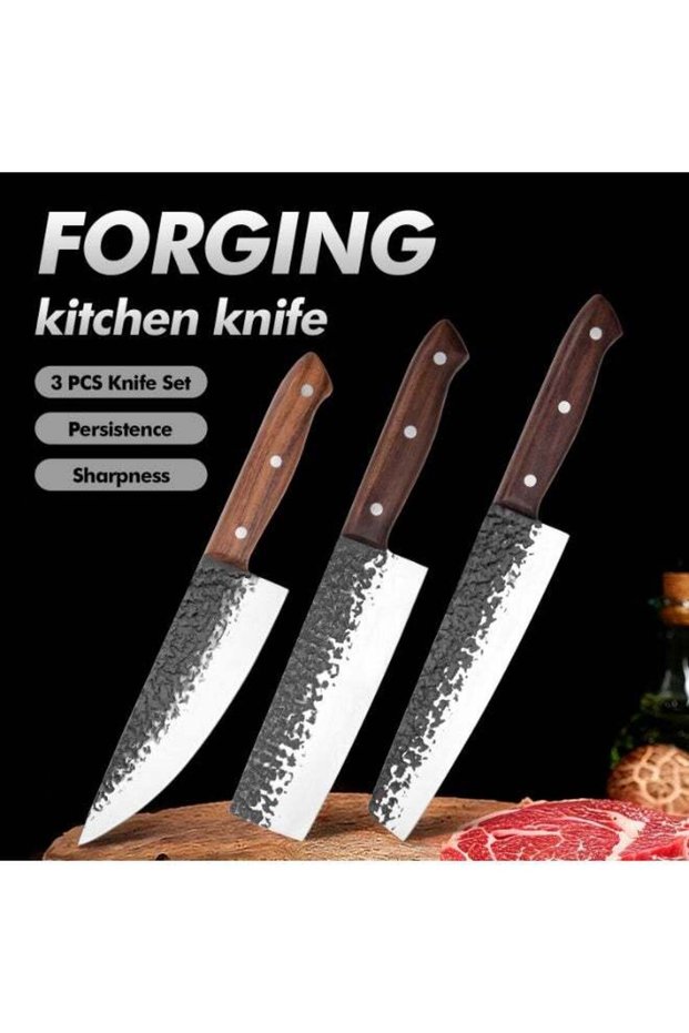 Professional 3-Piece Butcher Knife Set, Hand Forged Meat Cleaver and Chef Kitchen Knife with Ergonomic Wood Handle for Home Cooking