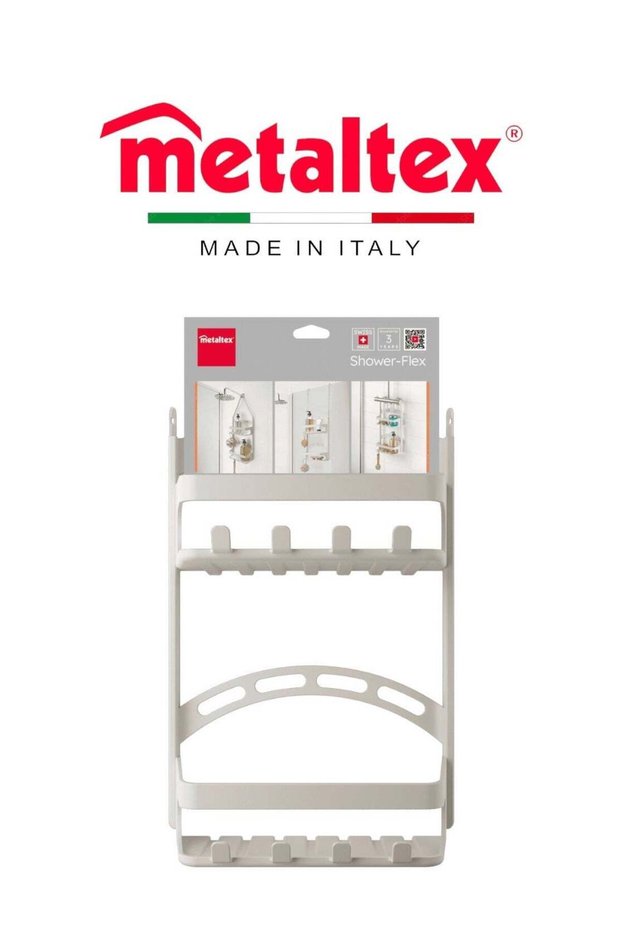 Metaltex Shower-Flex Shower Caddy – Adjustable Shower Organizer with Flexible Arms, 2 Shelves & Hooks – Compact Storage for Bottles up to 1L