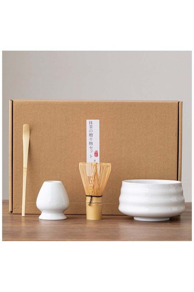 Matcha Whisk Set, 4 Piece Matcha Tea Set with Ceramic Bowl, Prong Bamboo Whisk, Whisk Holder and Traditional Scoop, Matcha Stirrer Set for a Traditional Cup of Matcha White