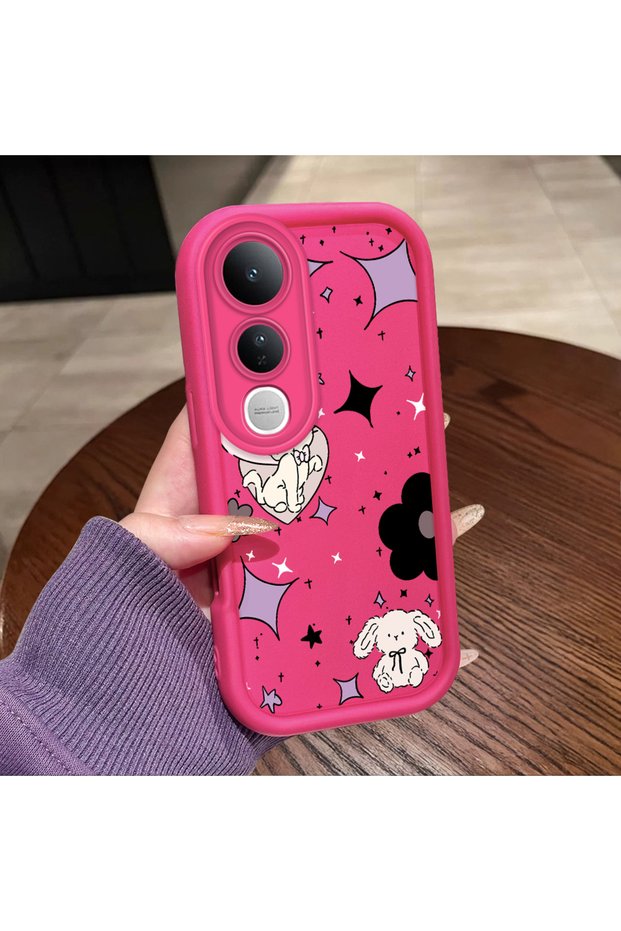 Vivo V50 Lite 4G/5G Compatible Pink Red Silicone Case Shockproof Camera Protection Cat and Star Pattern