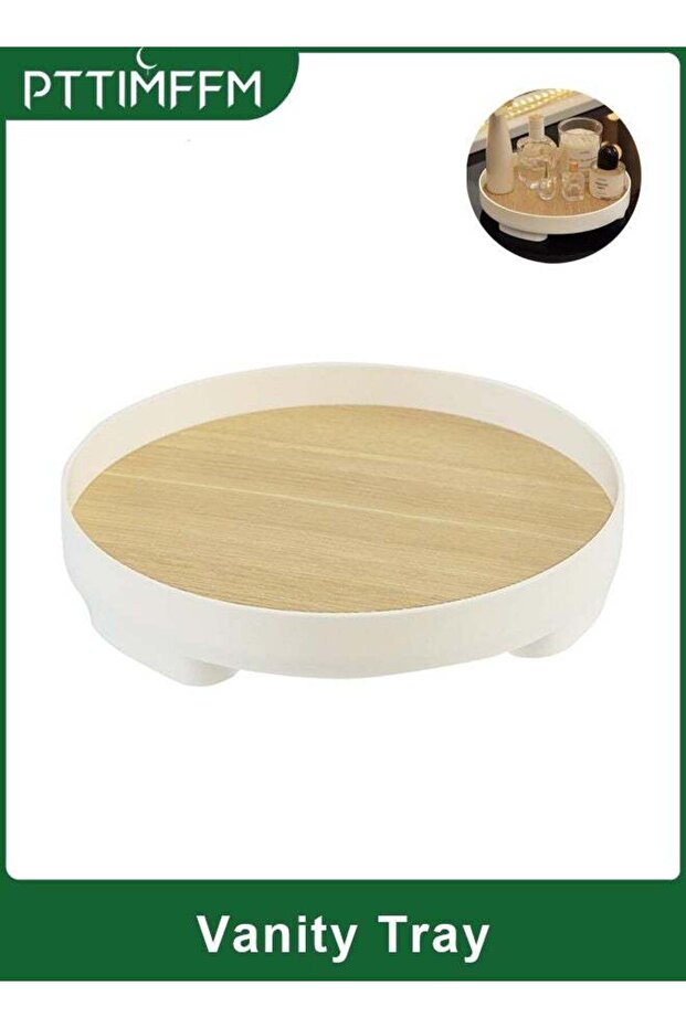 Modern Round Vanity Tray with Wood-Grain Top, Decorative Pedestal Organizer for Bathroom, Dresser,
