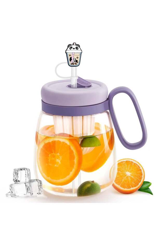29oz Reusable Tumbler with Lid & Straw, Glass Coffee Cup with Handle, Wide Mouth Smoothie & Tea Infuser, Adorable Cartoon Straw Cover (Purple)