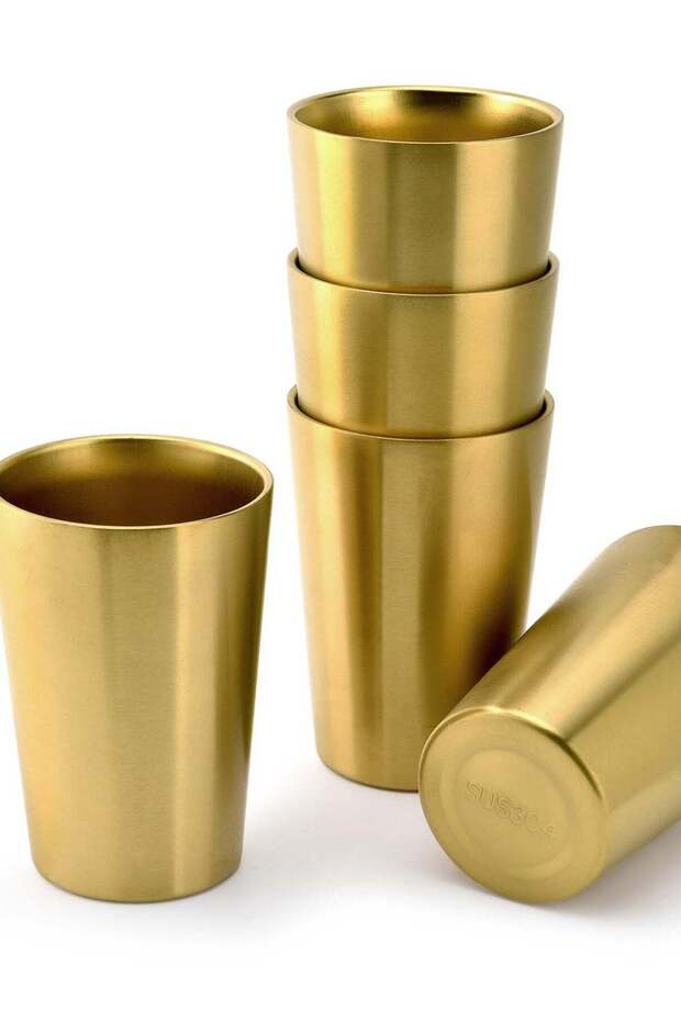 Set of 2 Stainless Steel Insulated Cups, 12 oz Double Wall Vacuum Small Metal Cups, Reusable & Unbreakable for Indoor/Outdoor Use - Perfect for Parties, Office and Camping (Gold)