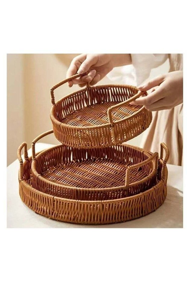 3 PCS Rattan Serving Tray with Handles, Woven Wicker Tray, Round Rattan Basket, Coffee Table Home Decorative Organizer Tray for Drinks Snack Breakfast Dinner Parties Home Kitchen
