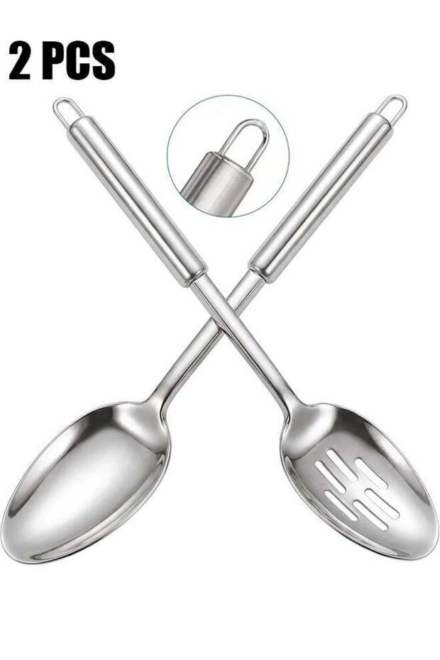 2 Pack Large Cooking Spoon Set, Stainless Steel Serving Spoon and Slotted Spoon for Cooking, Heat Resistant Long Basting Spoons with Round Handle, Cooking Utensils Set, Mixing, Serving, Stiring Large