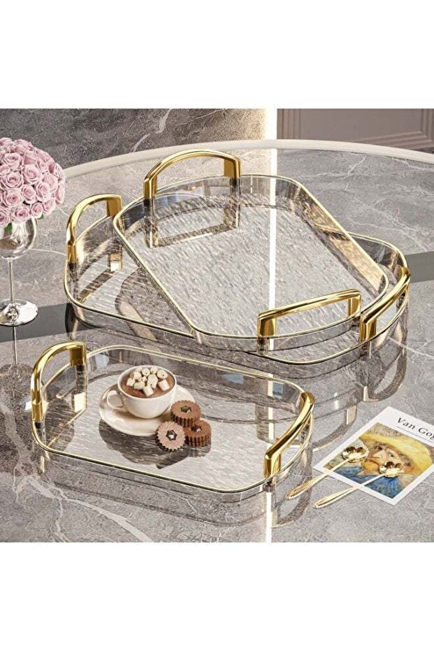 3 PCS Clear Serving Tray, With Polished Metal Handles, Serving Plate, Wavy Pattern Clear Tray, Spil