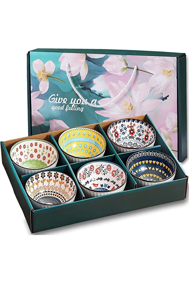 6 Pcs Colorful Ceramic Bowl Set, 10 Oz Japanese Style ceramic tableware with Gift Box, Kitchen Soup