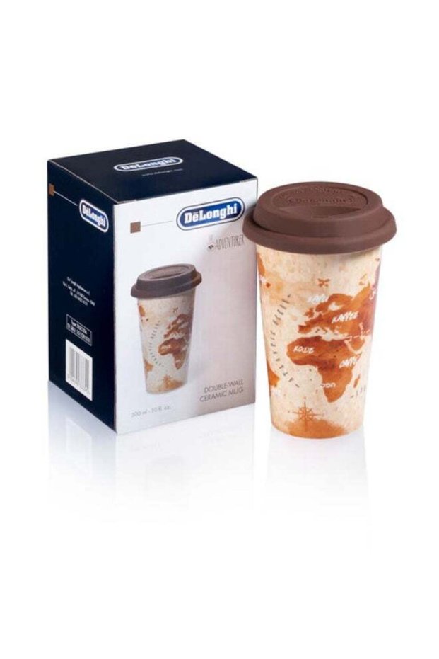 De'Longhi Thermal Mug with Silicone Lid, 300ml Double-Wall Ceramic Coffee Mug, Map Design, Microwave & Dishwasher Safe