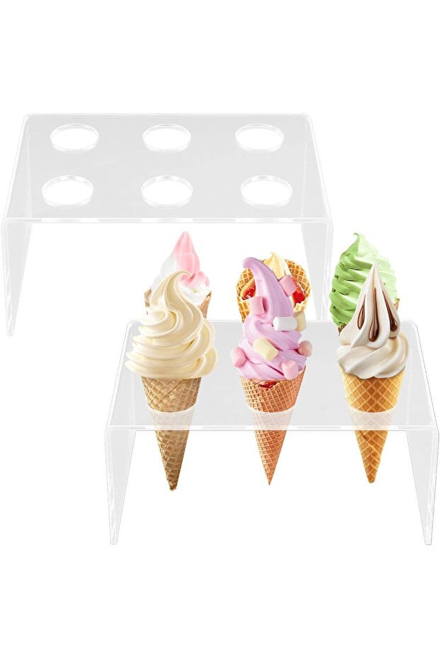 ARS® 2 Pack Clear Acrylic Ice Cream Cone Holder – 6 Hole Display Stand for Cupcakes, Waffle Rolls,