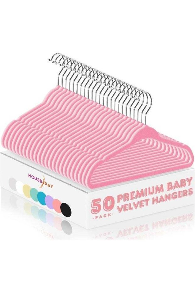 HOUSE DAY 50 Pack Pink Velvet Baby Hangers,Infant & Toddler Clothes, Durable Non Slip Baby Felt Hangers Pink, 11 Inch Baby Hangers for Closet, Ideal for Everyday Use.
