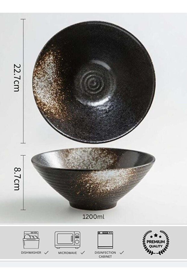 Japanese Style Large Ceramic Ramen Bowl, Black - Snow White 1200ml Creative Round Bowl, Heavy High