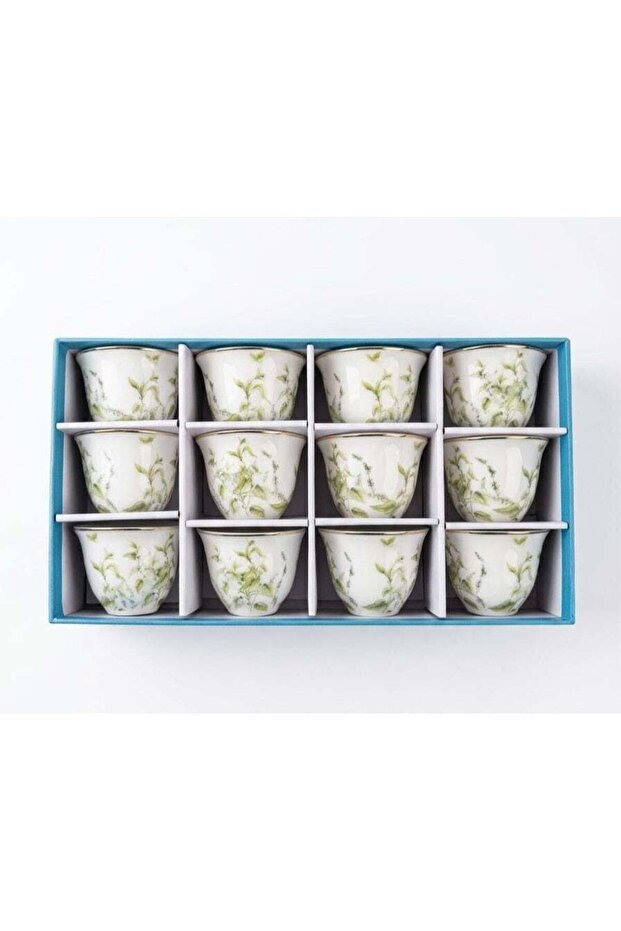 Abl 12Pcs Ceramic Cawa Cup Set White With Green Flower 100Ml