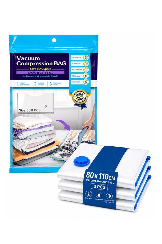 Vacuum Storage Bags 3 Pieces per Pack 80x110cm Reusable Compression Space Saving Double Seal Bags, Foldable, Durable and Space Saver for Packing Clothes and Bedding for Travel