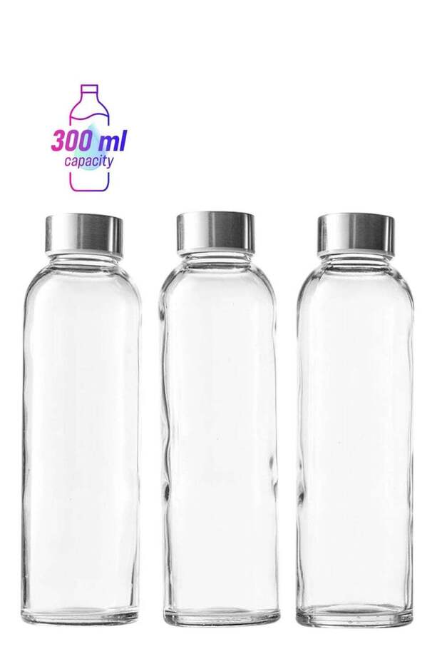 300ml Glass Juice Bottles with Leakproof Stainless Steel Lids - BPA-Free, Wide Mouth 10oz Bottles for Smoothies, Juices, Infused Water - Reusable & Portable (Pack of 3)