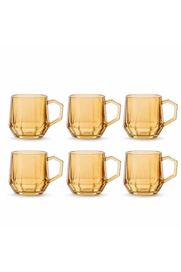 6-Piece Amber Diamond Cut Glass Mug Set, 280ml Heat Resistant Drinking Cups with Handle for Coffee Tea Juice, Home Kitchen Majlis Use