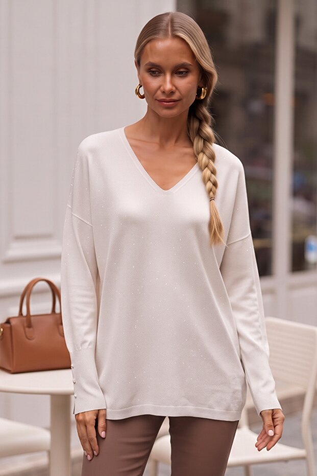 Ecru V-Neck Cuffed Sleeves Thin Sequined Casual Knitwear Sweater 70 60