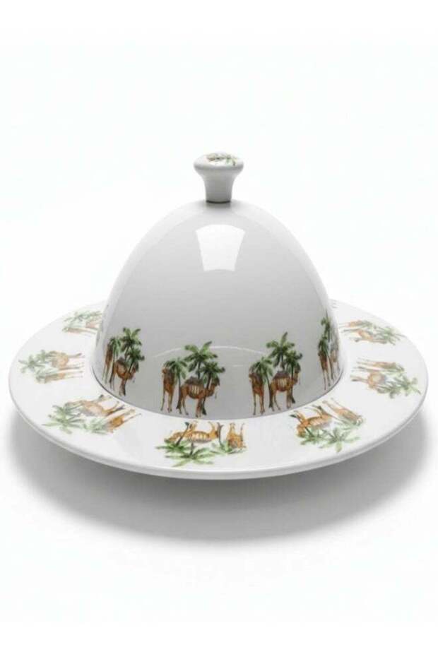 Yuniverse Melamine Serving Tray with Dome Lid, 32 cm, White with Camel and Palm Tree Design