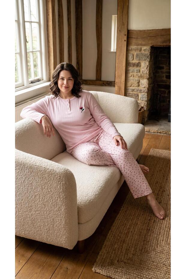 Women's Winter Plus Size Curve Embroidered Patterned Collar Buttoned Long Sleeve Pajama Set