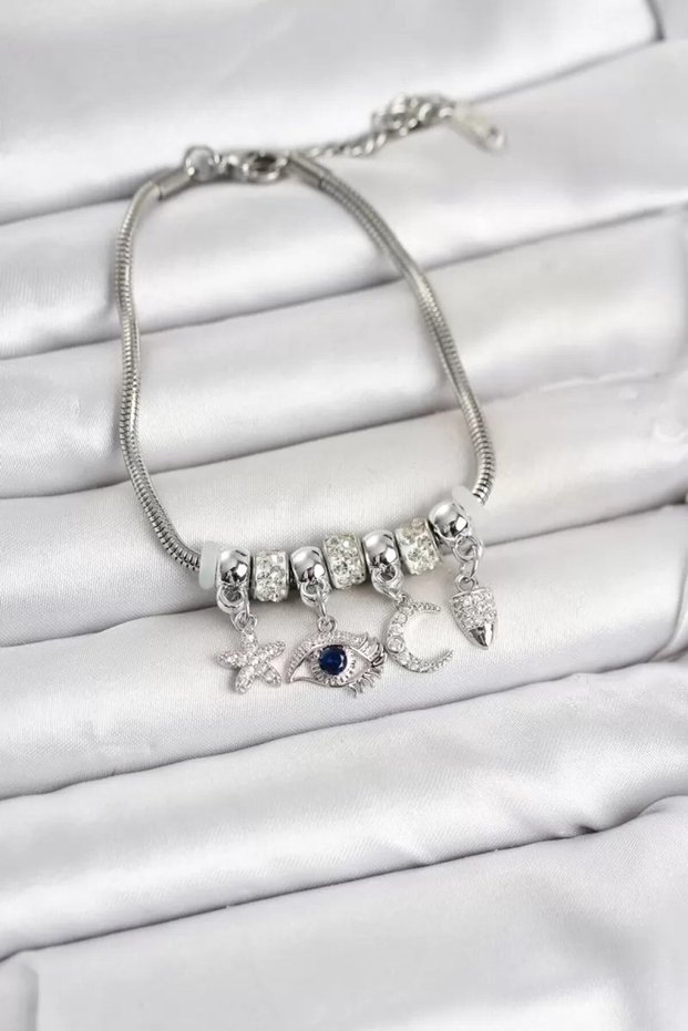 Brass Silver Color Women's Bracelet with Eye Detail and Charm