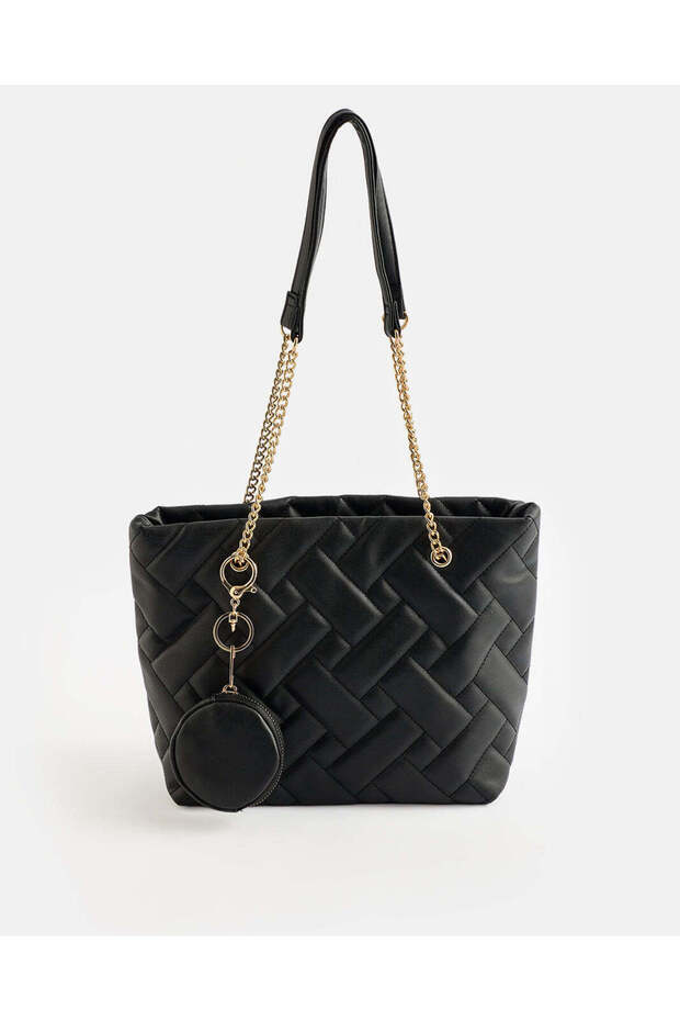 Women Black Quilted Tote Bag with Coin Pouch