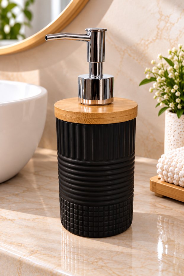 400 ml Liquid Soap Dispenser with Bamboo Lid, Patterned Ceramic, Cream Powder Pink Black Grey, 8X19 cm