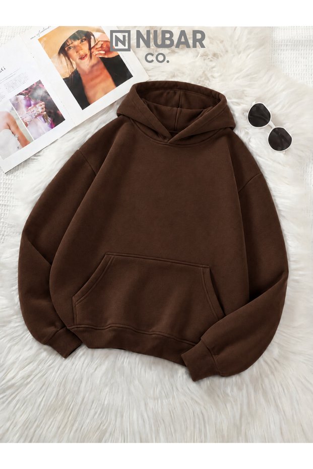 Dark Brown Basic 3 Thread Hooded Sweatshirt Oversize Winter 100% Cotton