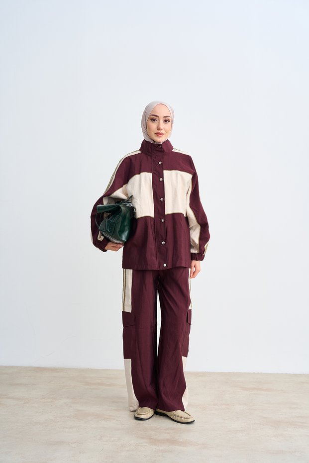 Women's Double Color Stripe Detail Suit Plum