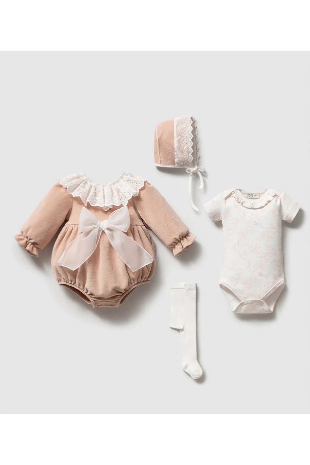 3/6 Months Baby Girl Salmon Velvet Boxed Set of 4 (Gift)