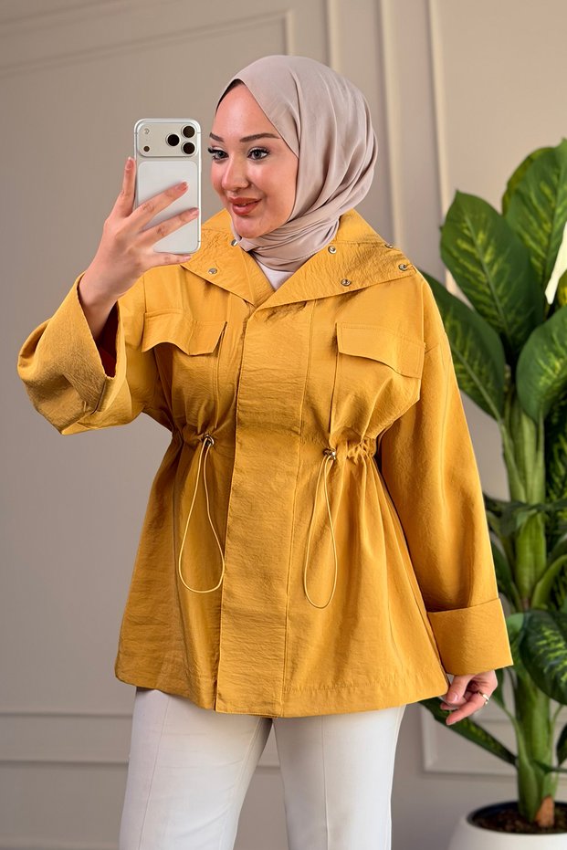 6697 - Stylish, Comfortable, Loose-Fitting Peach Fabric Women's Jacket with Snap Collar Detail