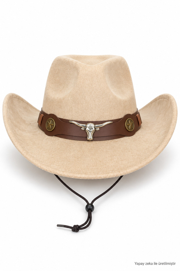 Unisex Suede Look Cowboy Hat with Metal Bull Figure, Wide Brim, Drawstring Western Hat