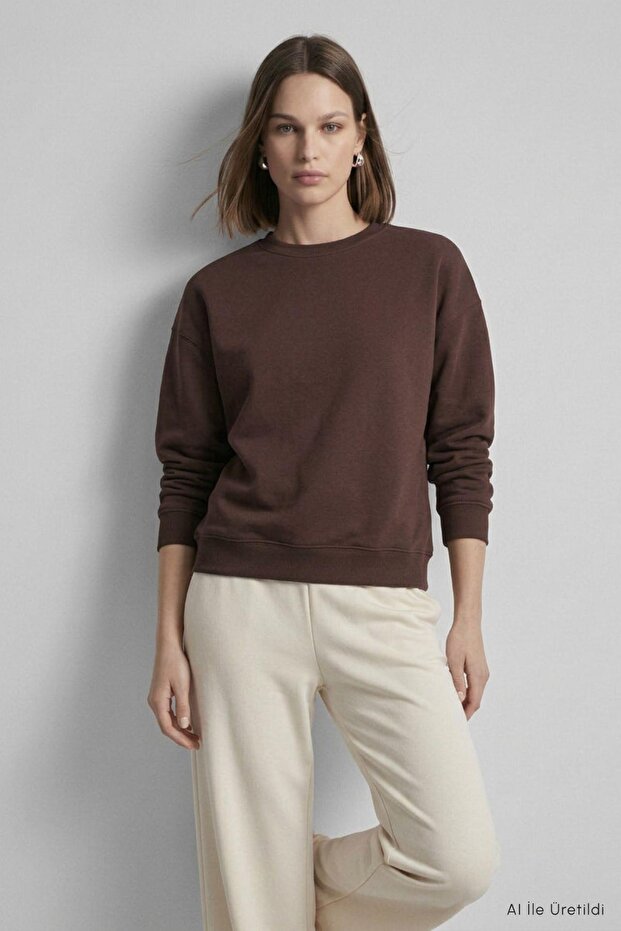 Bisiklet Yakalı Basic Oversize Sweatshirt 954 Kahve