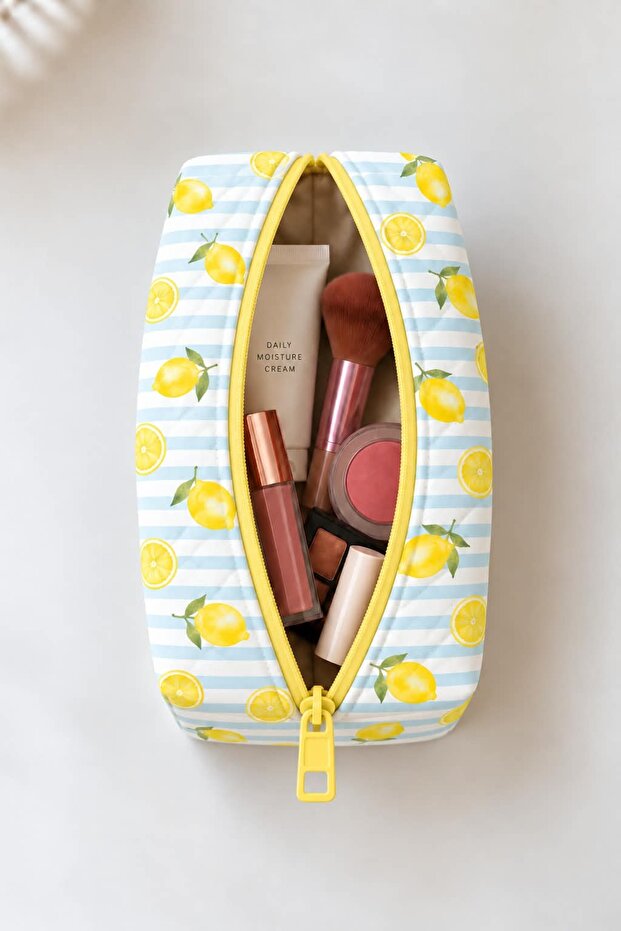 Lemon Patterned Makeup Bag 17X14 cm Medium Size