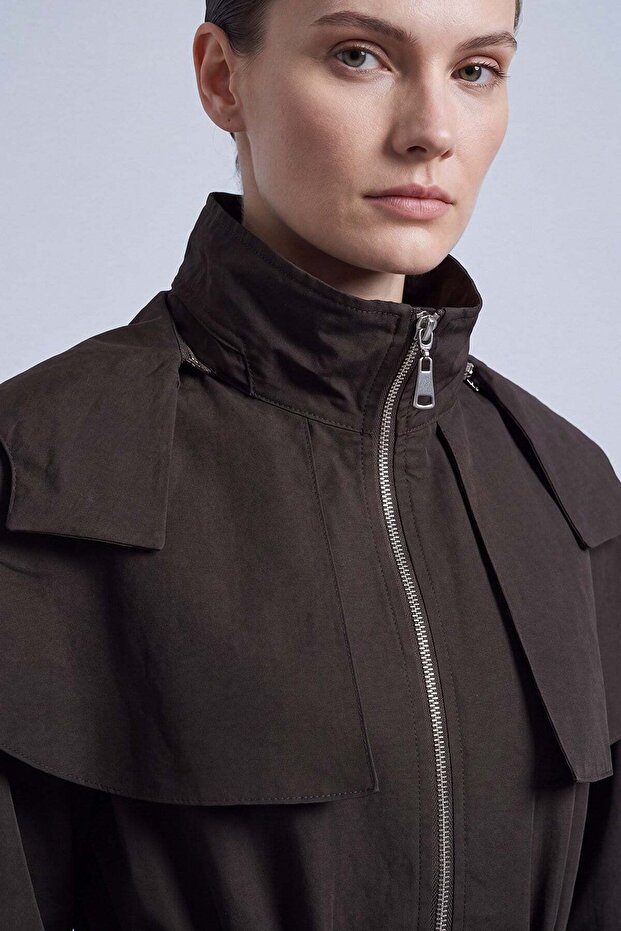 Hooded Cape Detailed Drawstring Jacket Brown 32556