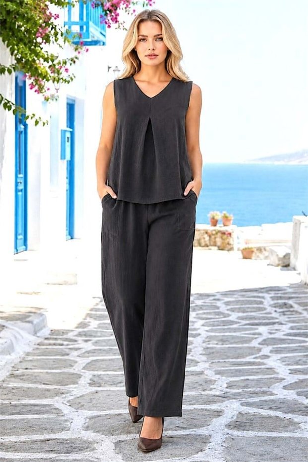 Black blouse and linen pants two-piece set