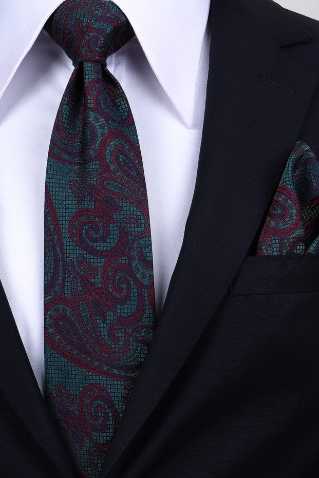 Hand Made 8 cm Large Shawl Pattern Green Burgundy Color Handkerchief Tie