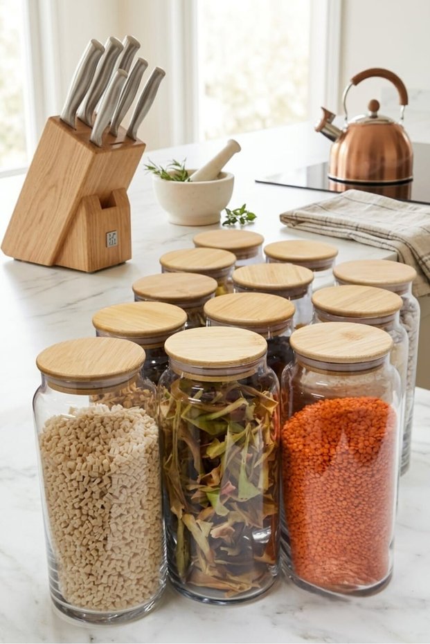 12 Pieces 1300 Ml. Vacuum Sealed Glass Jar with Bamboo Lid, Food Storage Container - Label Gift