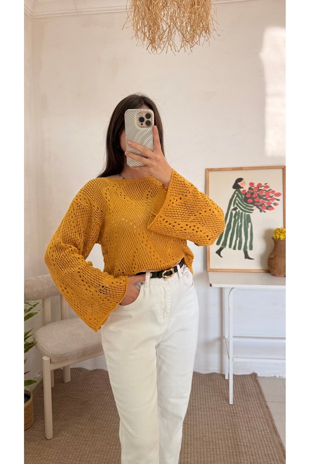 Kayık Yaka Çarkfeleklu Openwork Sweater - Yellow