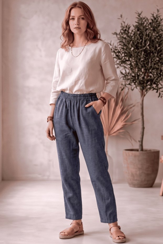 Sofia Gray Linen Look Trousers with Elastic Waist