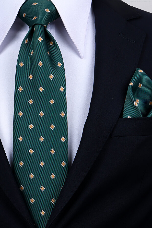 Hand Made 8 cm Square Patterned Green Yellow Color Handkerchief Tie