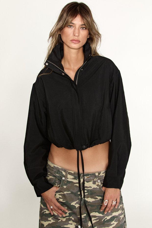 Briar Women's Zippered Short Black Jacket with Hem Cinch Detail
