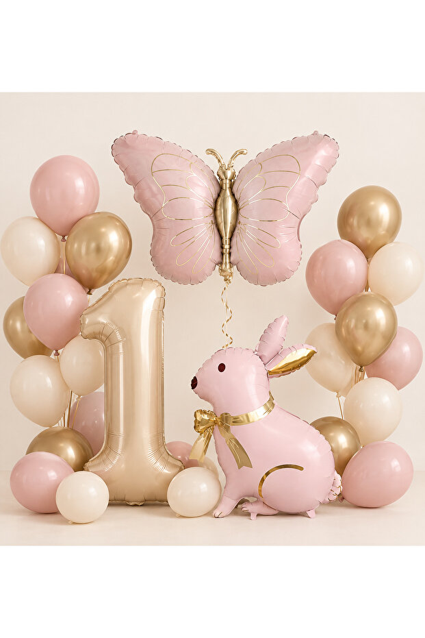 🎀 1 Year Old Birthday Balloon Set – Powder Pink, Cream & Gold