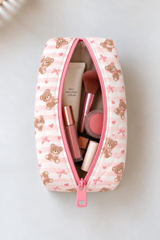 Teddy Bear Patterned Makeup Bag 17X14 cm Medium Size