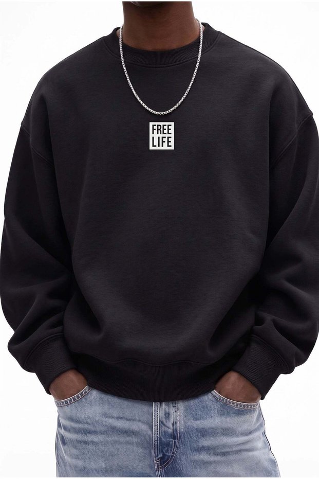 Men's Black Free Life Printed Thick Soft 3 Threaded Inner Threaded 0 Zero Neckline Oversize Casual Sweatshirt