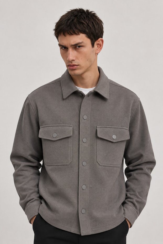 Regular Men's Shirt Jacket with Pockets and Snap Fasteners | Ee1001210319