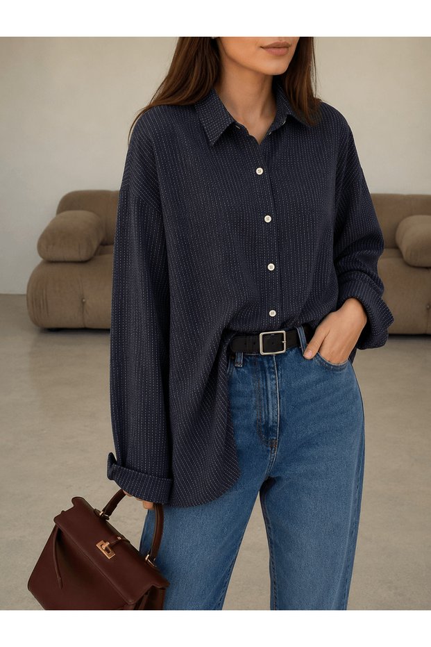 Vertical Cut Line Shirt - 2915 - Navy Blue & Gray